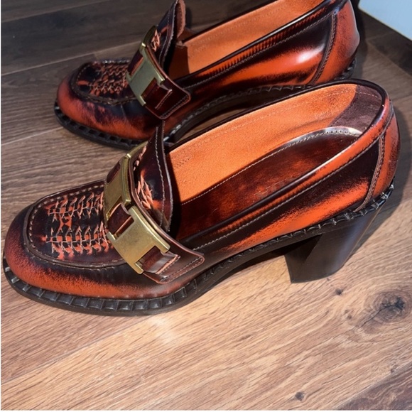 Prada Shoes - Prada Burnished Orange and Brown Leather Heeled Loafers